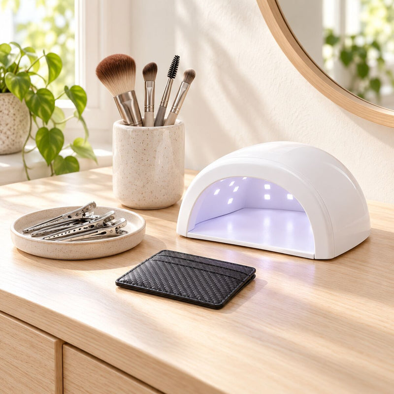 Vanity table with a white UV LED nail lamp, a set of makeup brushes in a cup, metal hair sectioning clips and a slim carbon-fibre wallet.