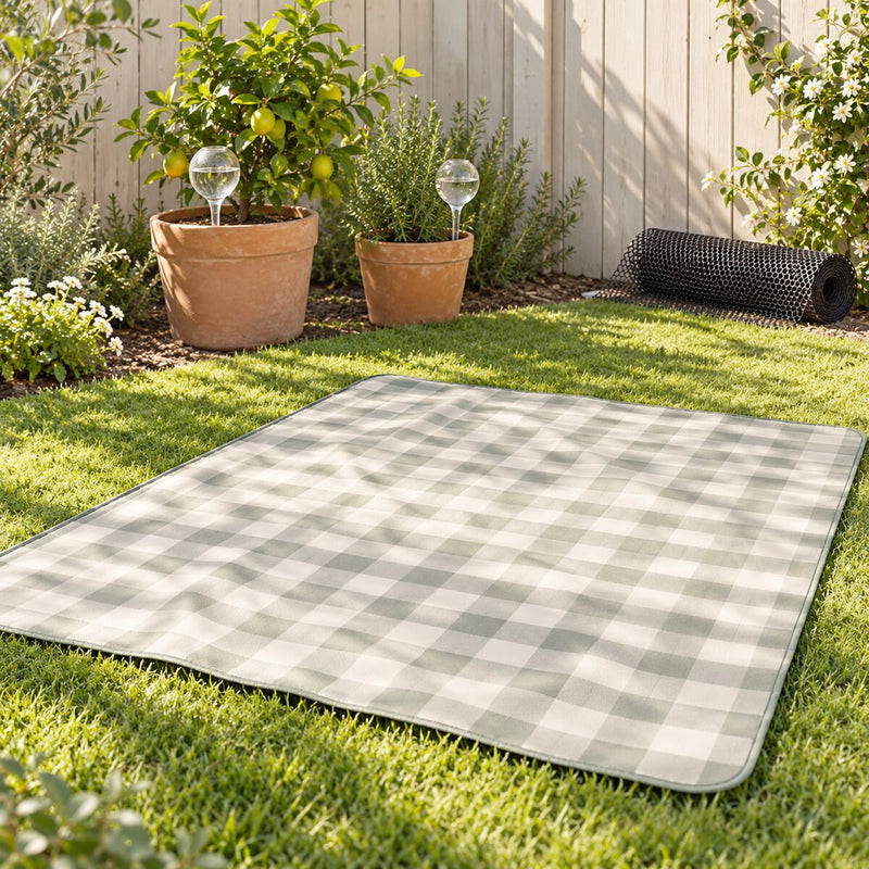 Sunny Australian backyard: a waterproof picnic blanket on grass, a row of self-watering spikes in potted plants, gutter guard mesh leaning against a fence.