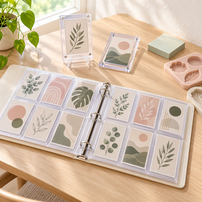 Desk with a binder of trading cards in magnetic holders, acrylic card display stands, sticky notes and silicone resin moulds.