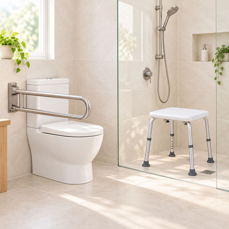 Bathroom corner with a folding grab rail beside a toilet and a shower stool in the shower recess, white tiles, soft light.