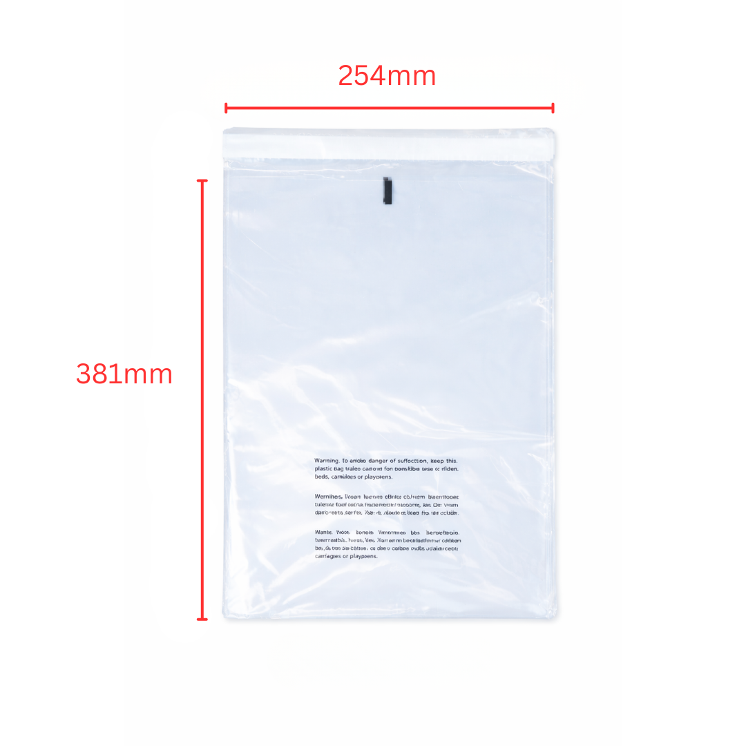 100pcs Self-Seal Clear Poly Bags 254x381mm | Resealable Plastic Packaging Bags with Suffocation Warning