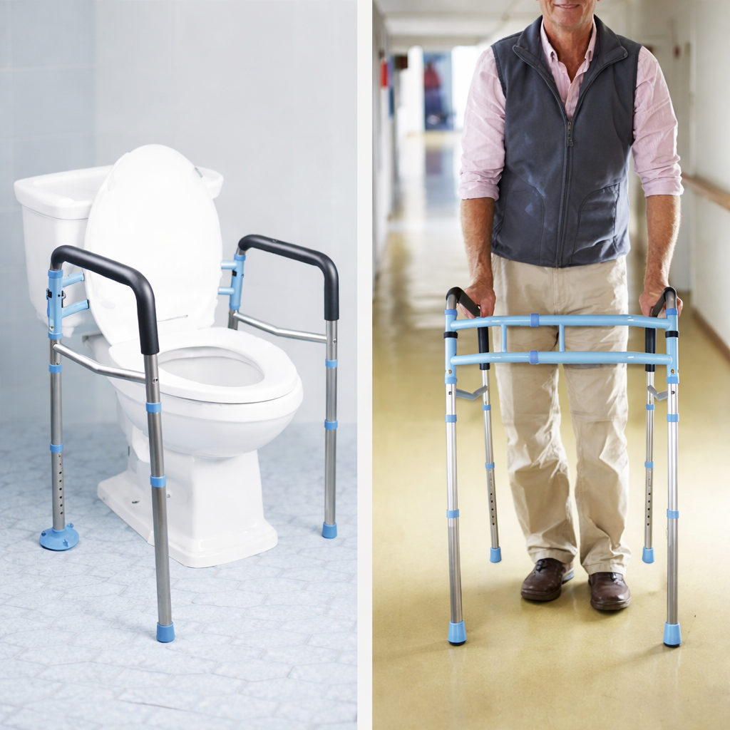 Adjustable 2-in-1 Folding Walker & Toilet Safety Handrail | Elderly Mobility Aid Aluminium Frame