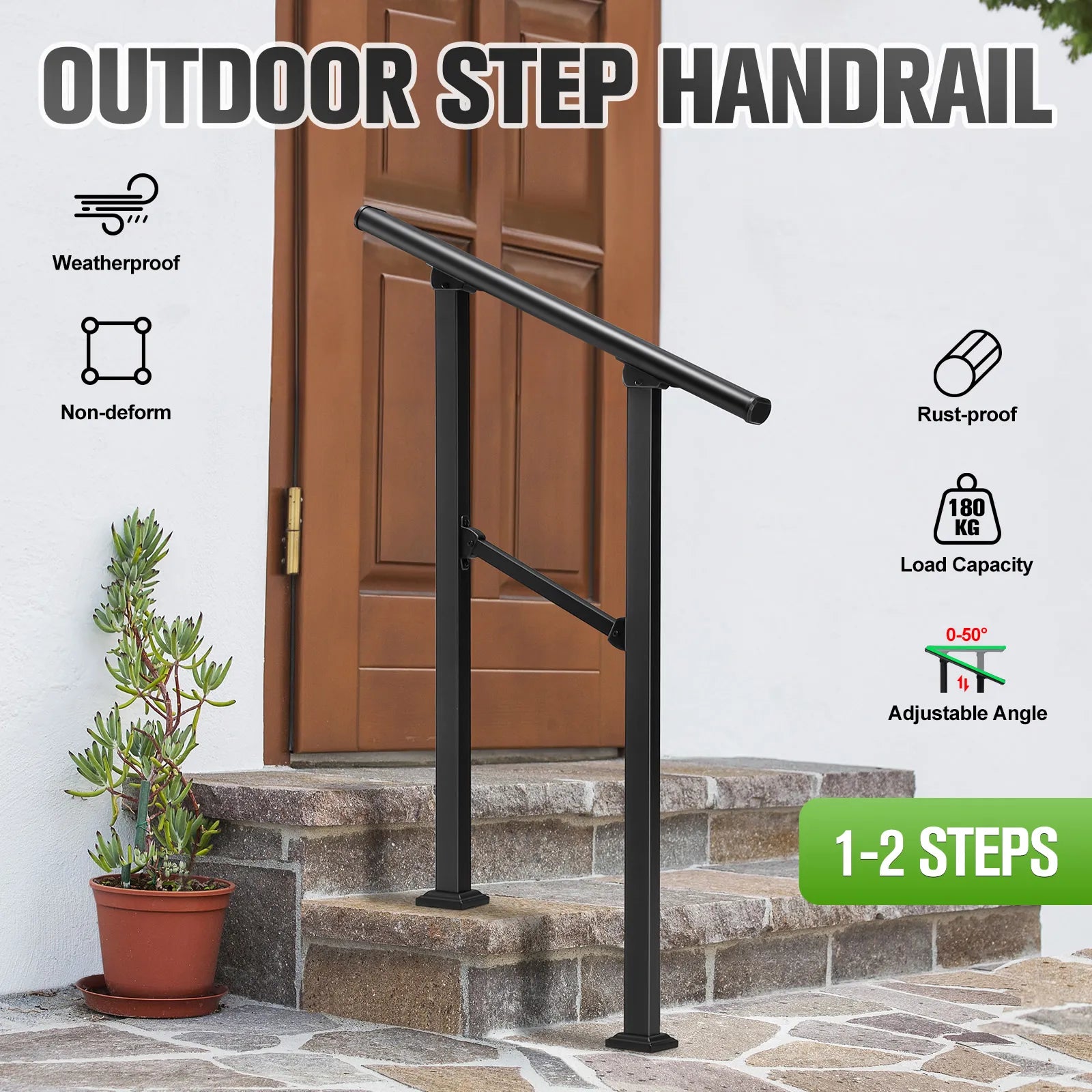 Outdoor Stair Handrail for 1–2 Steps Adjustable Metal Safety Railing Black
