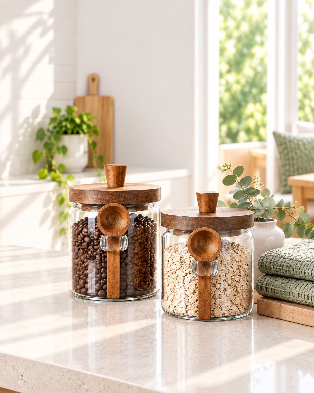 Glass storage jars with wooden lids beside folded sage fabric and greenery.