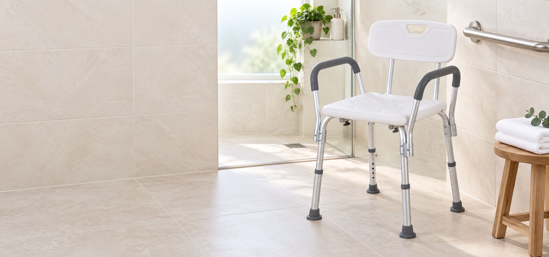 White shower chair with aluminium legs in a bright tiled bathroom.