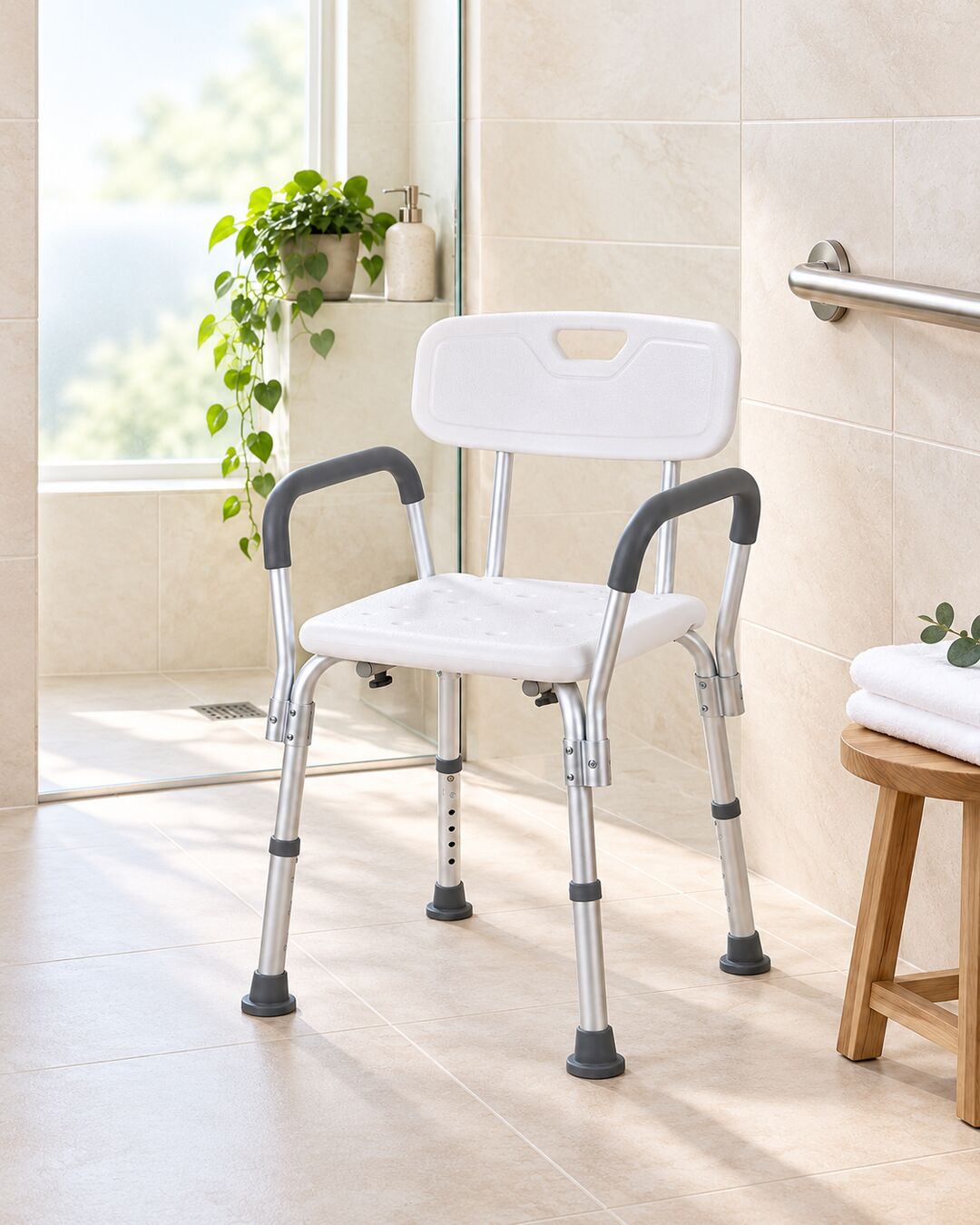 White shower chair with aluminium legs in a bright tiled bathroom.