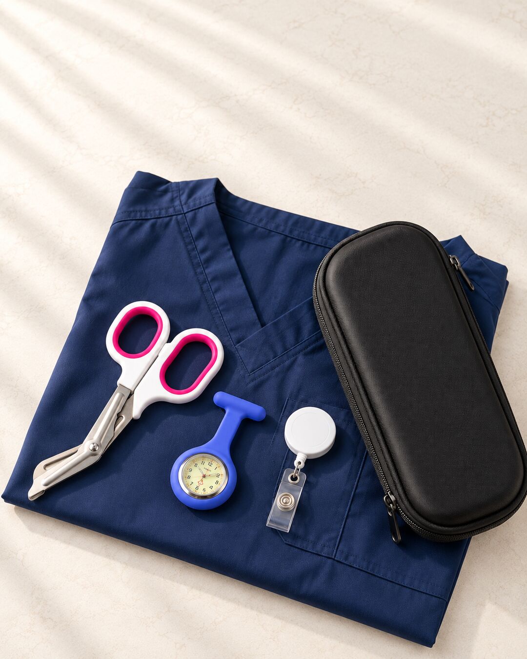 Blue nurse fob watch, pink trauma shears, ID reel and black case on navy scrubs.