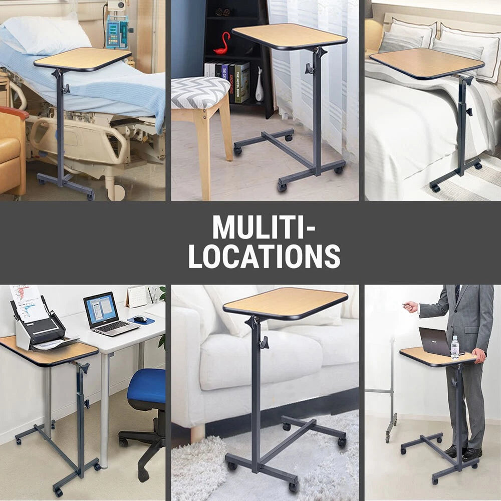 Adjustable Overbed Table with Wheels – Mobile Over-Bed Desk for Laptop, Meal & Study – Height Adjustable Medical Bedside Table