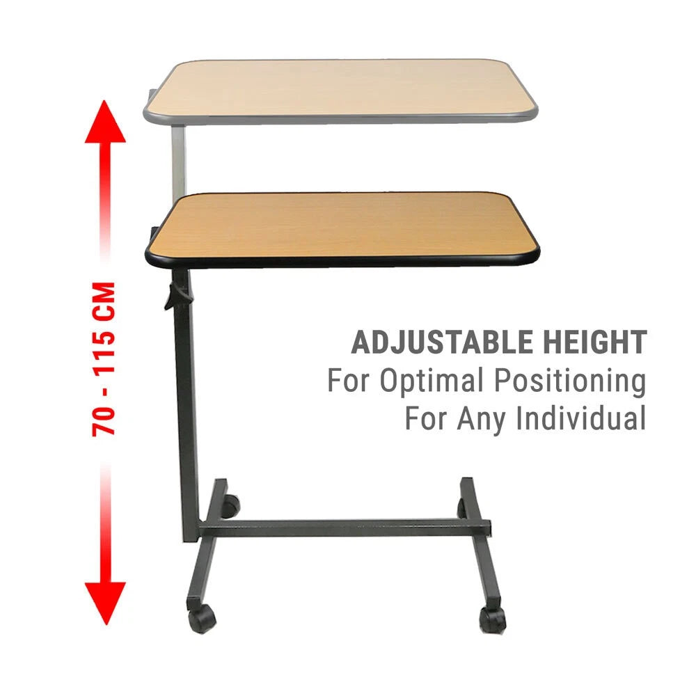 Adjustable Overbed Table with Wheels – Mobile Over-Bed Desk for Laptop, Meal & Study – Height Adjustable Medical Bedside Table
