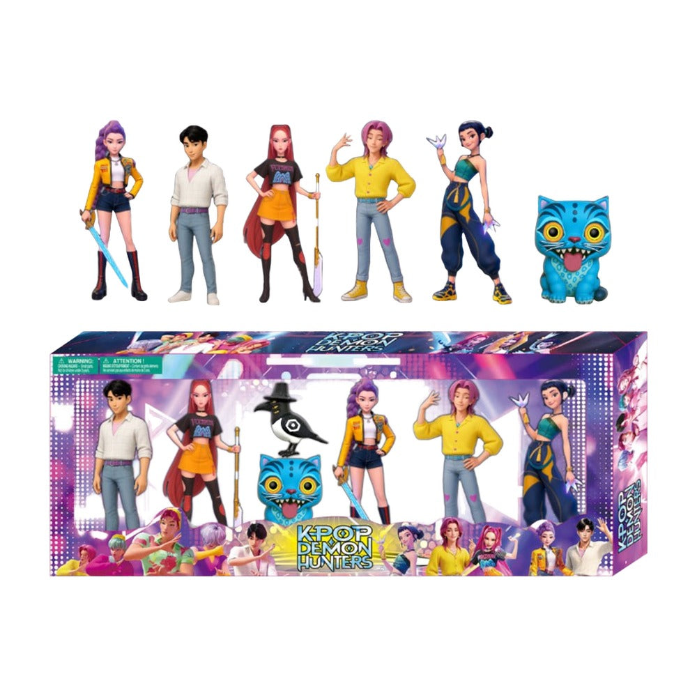 K-Pop Style Figures 7 Pack – Idol Singer Mini Figures with Tiger & Bird Mascots, 7–10 cm
