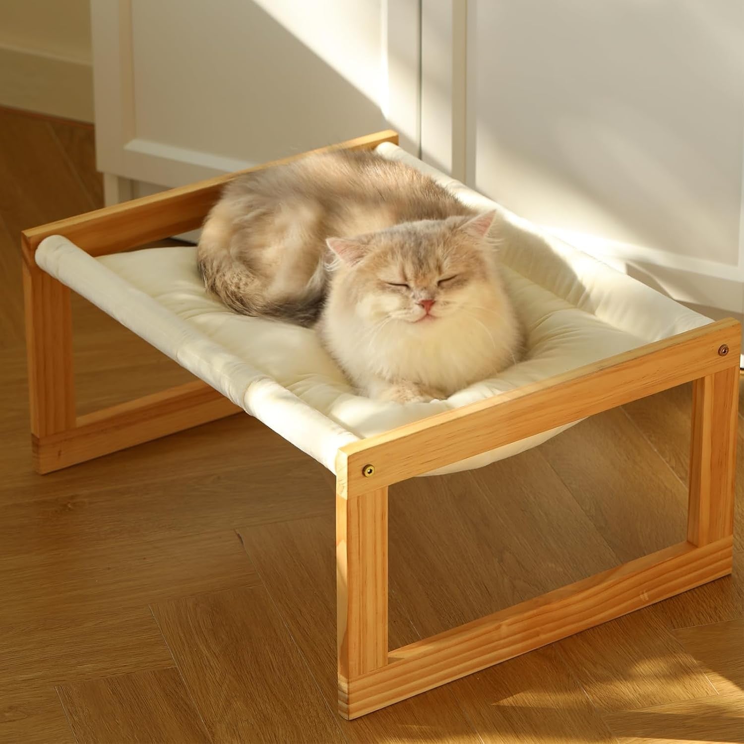 Raised Wooden Cat Bed with Hammock | Solid Pine Elevated Pet Sleeping Platform