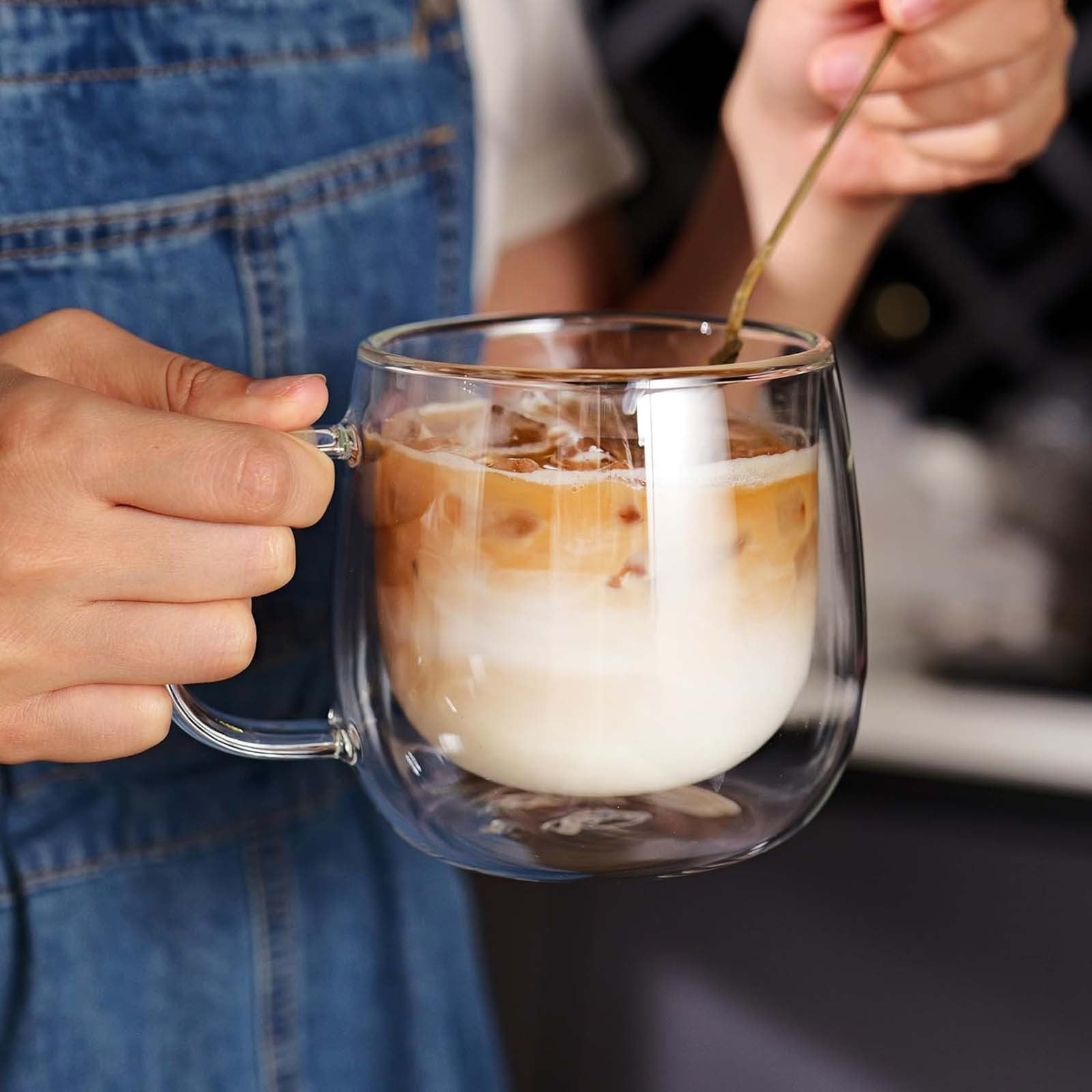 4PCS Double Wall Glass Coffee Tea Cups 300ml Heat Resistant with Stainless Steel Spoons