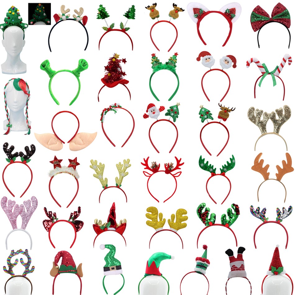Christmas headbands range: reindeer antlers, Santa hats, elf hats and novelty boppers on a white background