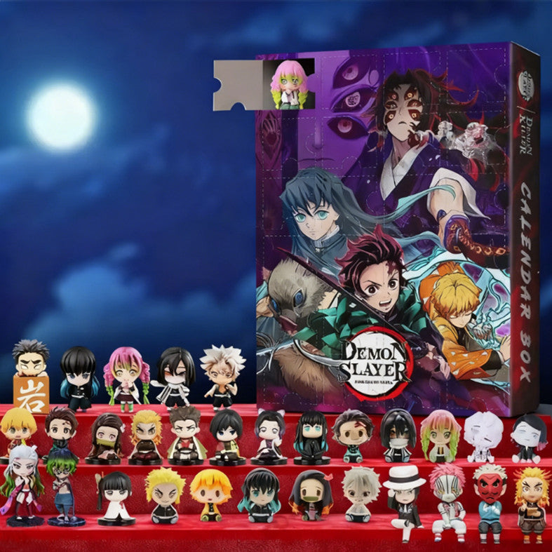 Purple box anime advent calendar with chibi figures under a full moon