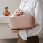 2PCS Travel Makeup Bag Set - Large Capacity Cosmetic Bag and Open Flat Toiletry Bag Pink