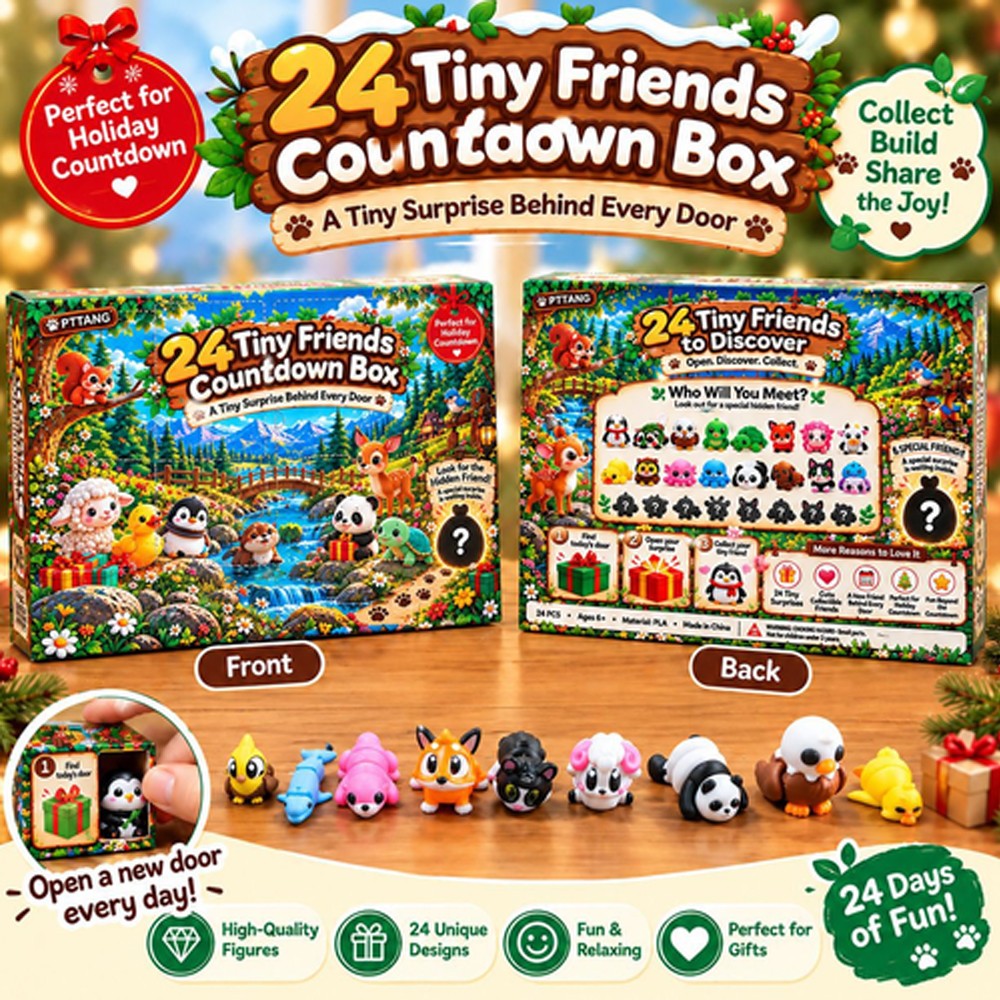 Front and back of the 3D printed toys advent calendar box with mini animals
