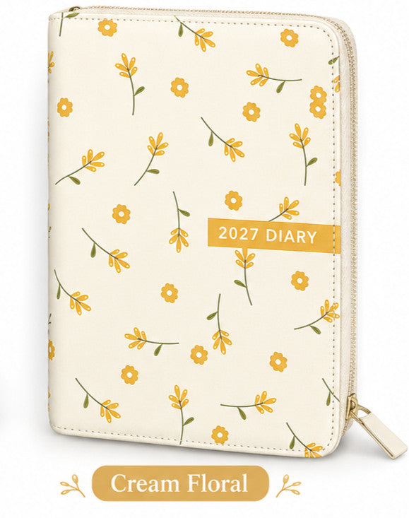Cream floral 2027 A5 diary with zip closure on a white background