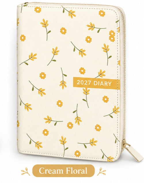 Cream floral 2027 A5 diary with zip closure on a white background