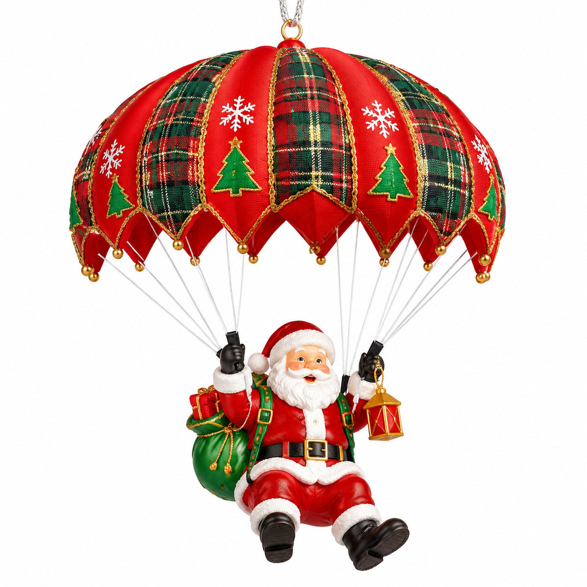 Wooden Santa parachute Christmas ornament with tartan canopy on white background