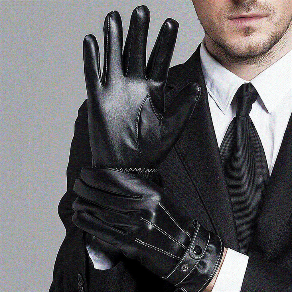2 Pairs Mens PU Leather Touch Screen Gloves Black Full Finger Winter Gloves