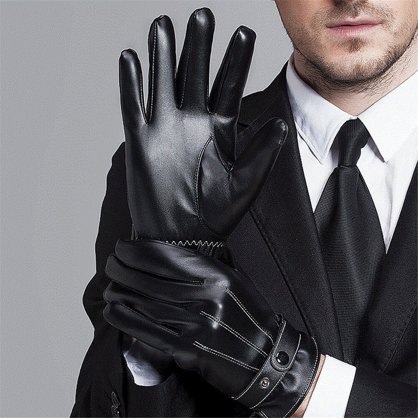 2 Pairs Mens PU Leather Touch Screen Gloves Black Full Finger Winter Gloves