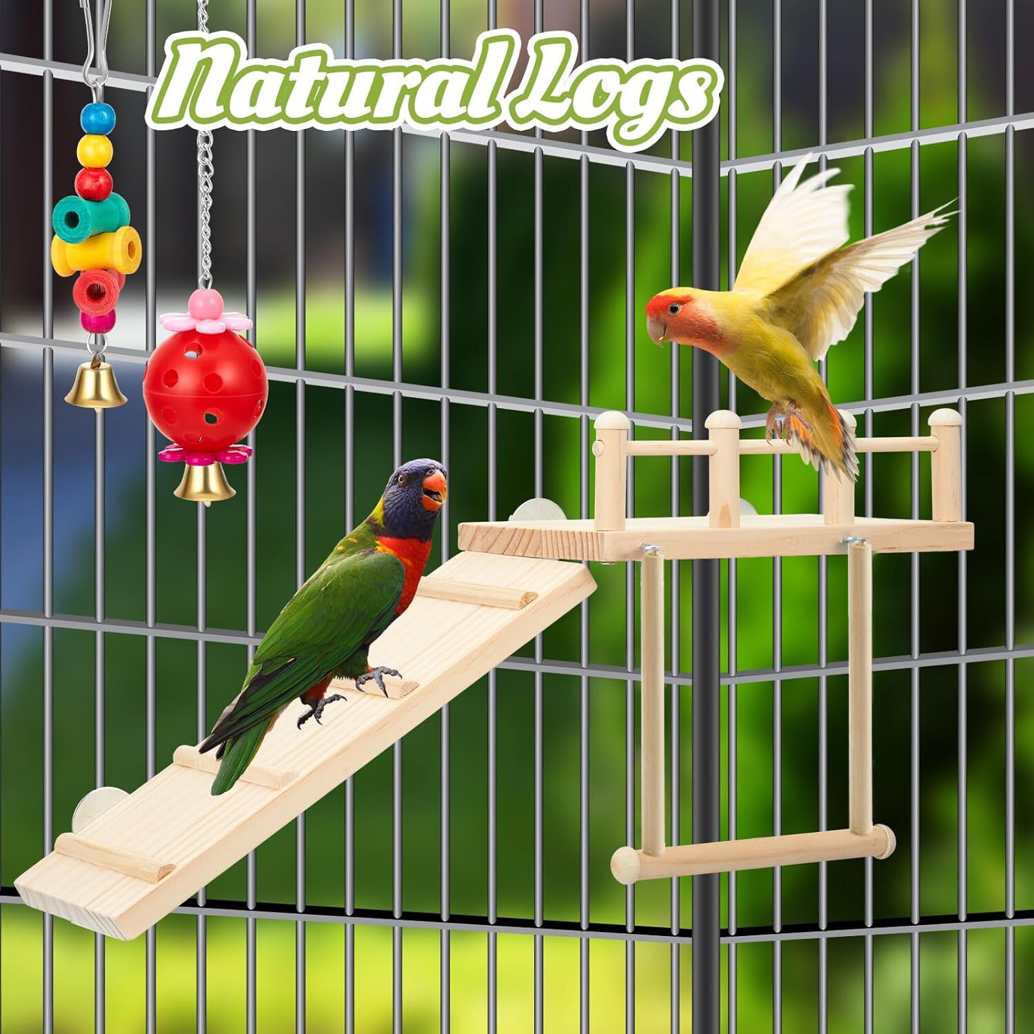 Bird Water Feeder and Bird Swing Toy Set - Wooden Parrot Perch Stand Cage Accessory