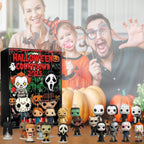 Family with a horror advent calendar and 24 horror mini figures on a Halloween table