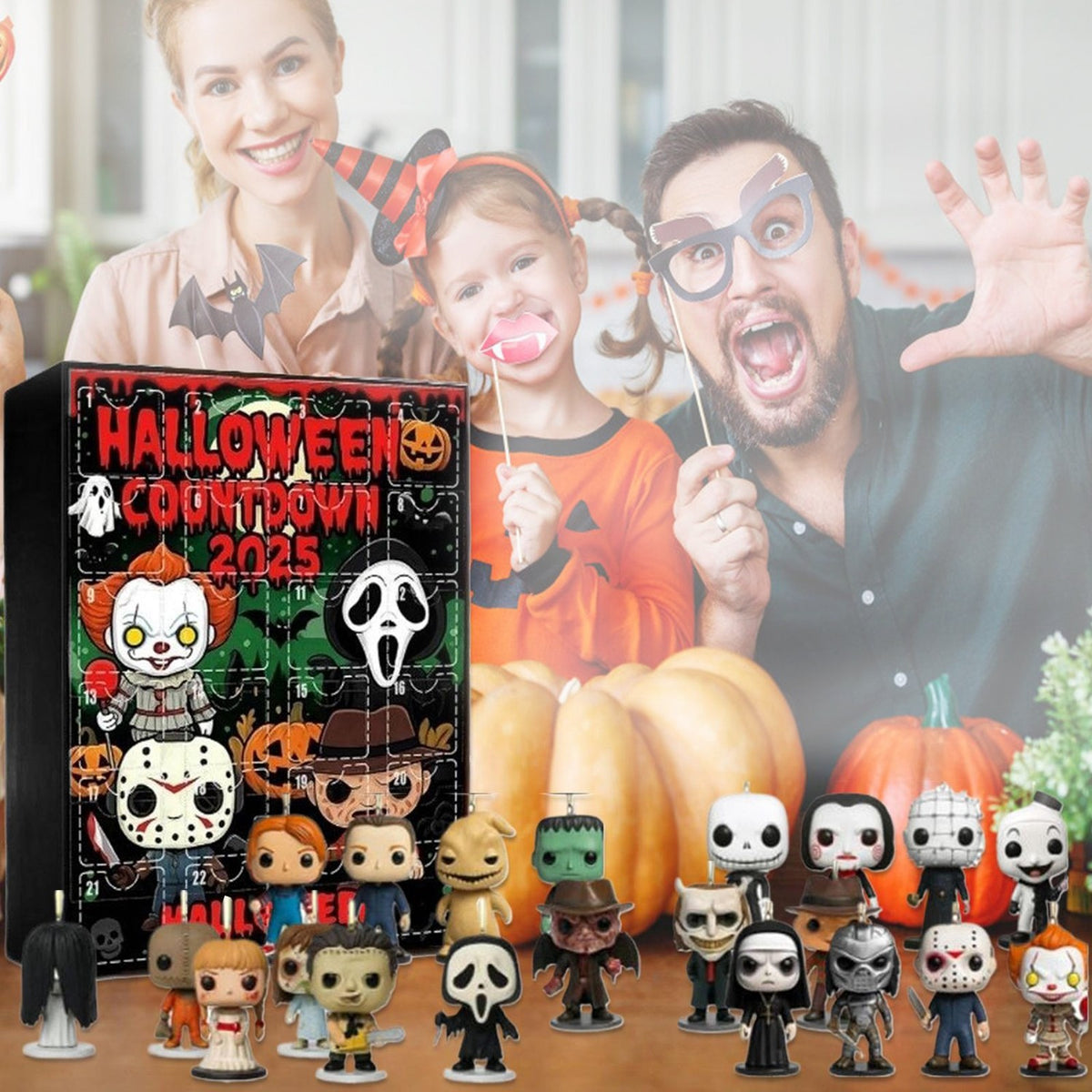 Family with a horror advent calendar and 24 horror mini figures on a Halloween table