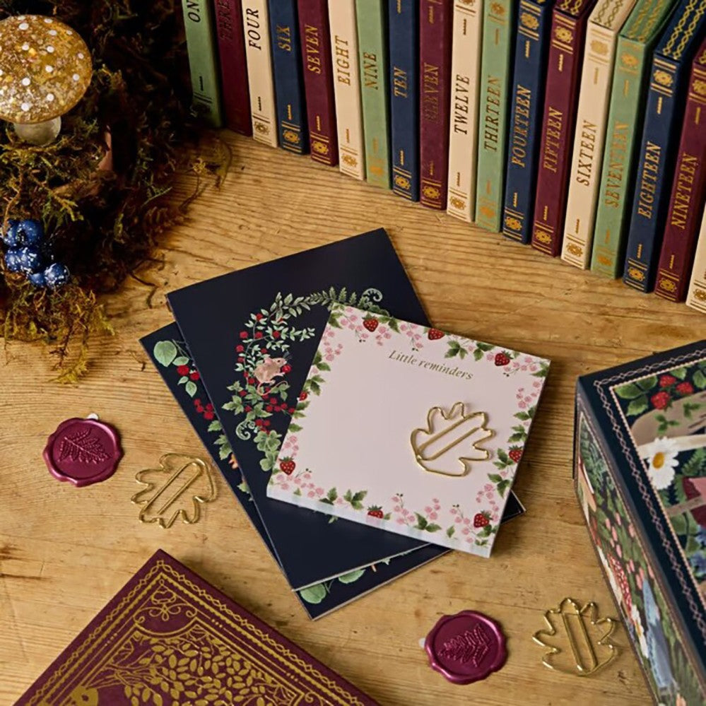Letter paper and envelopes beside the 24 book-style boxes