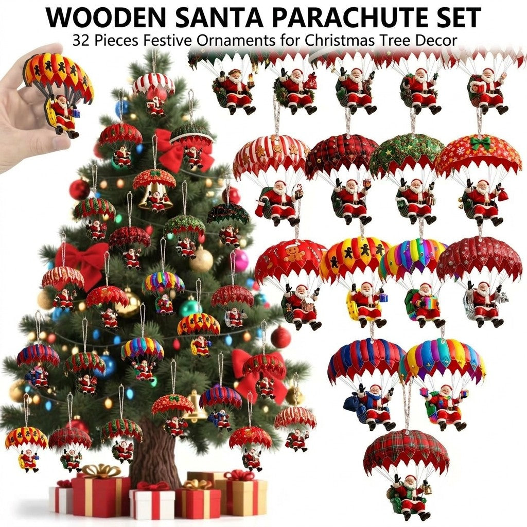 Wooden Santa parachute ornament 32 piece set hanging on a Christmas tree