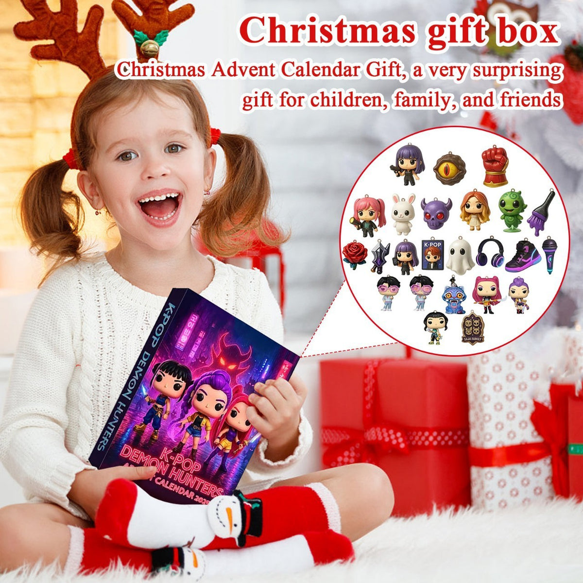 Girl holding the K-pop advent calendar as a Christmas gift box