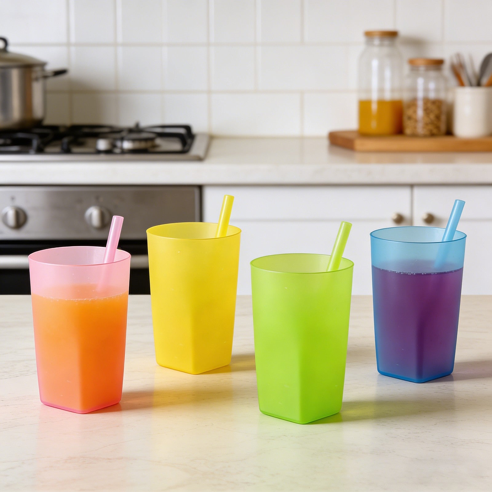 4PCS Integrated Straw Cups - Reusable Easy to Clean Drinking Cups for Home Use