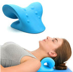 Woman lying on the blue neck stretcher