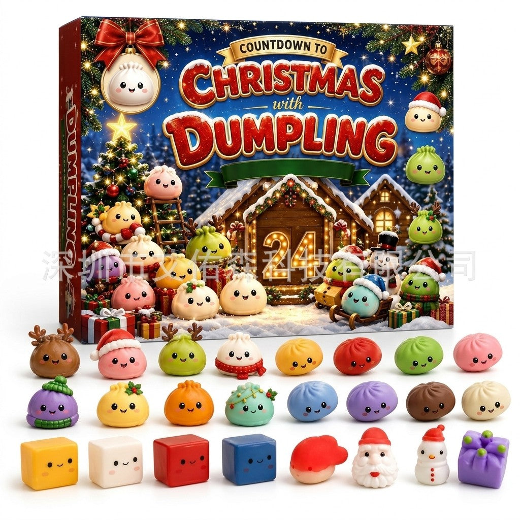Countdown to Christmas dumpling squishy advent calendar with coloured squishies displayed