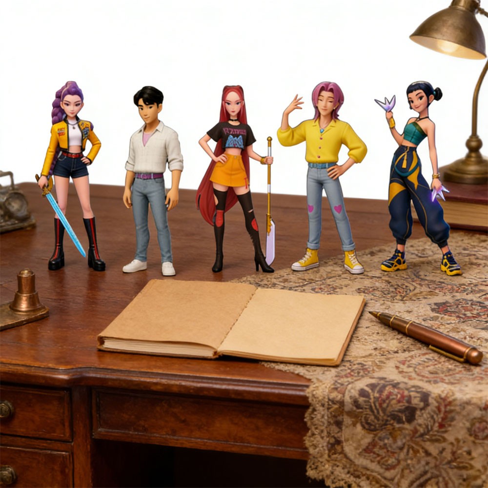 K-pop style mini figures on a wooden desk beside a book