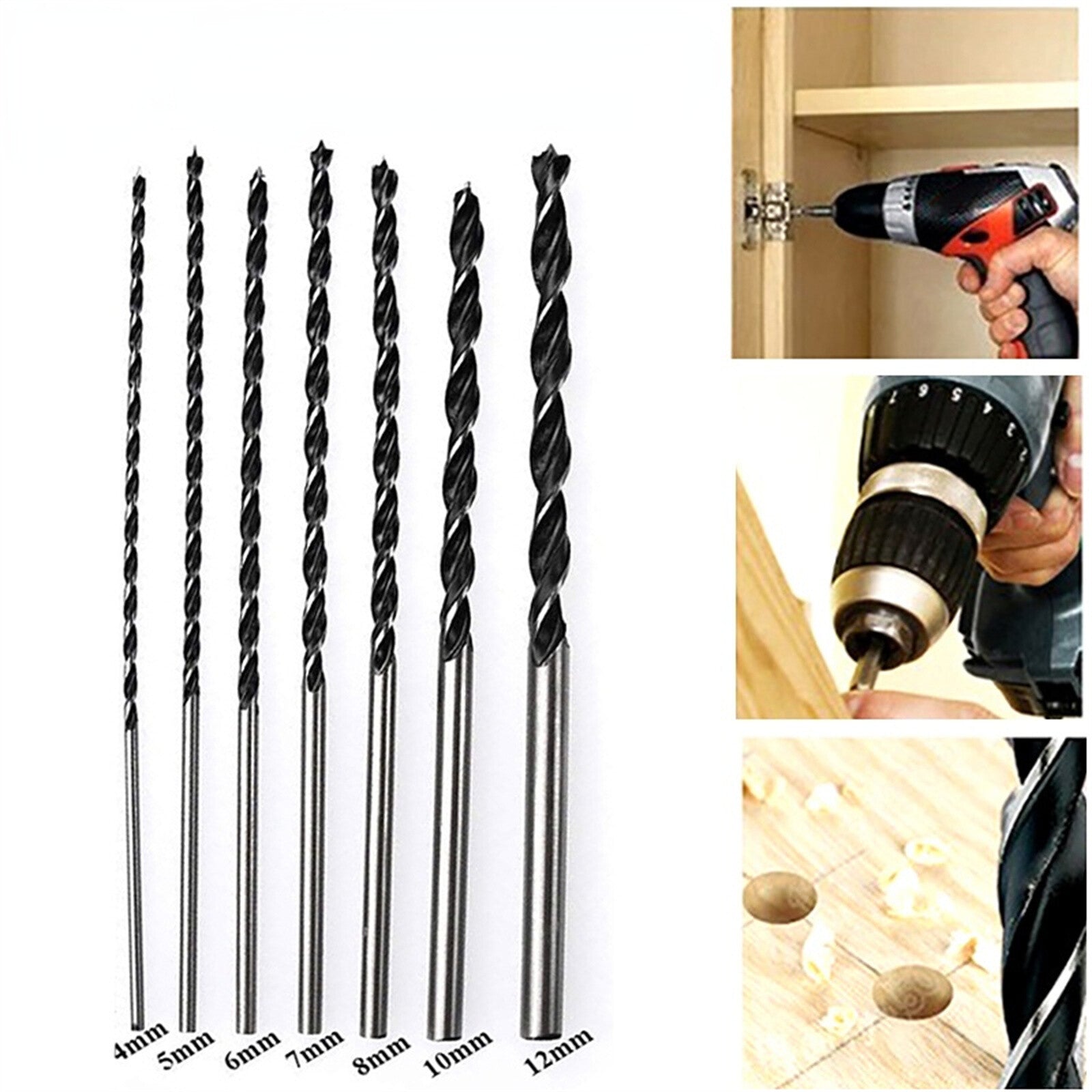 7PCS 300MM Extra Long Wood Drill Bit Set - Brad Point Woodworking Bits 4 5 6 7 8 10 12mm