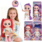 Girl holding a red-haired big eye doll beside boxed purple and blue dolls