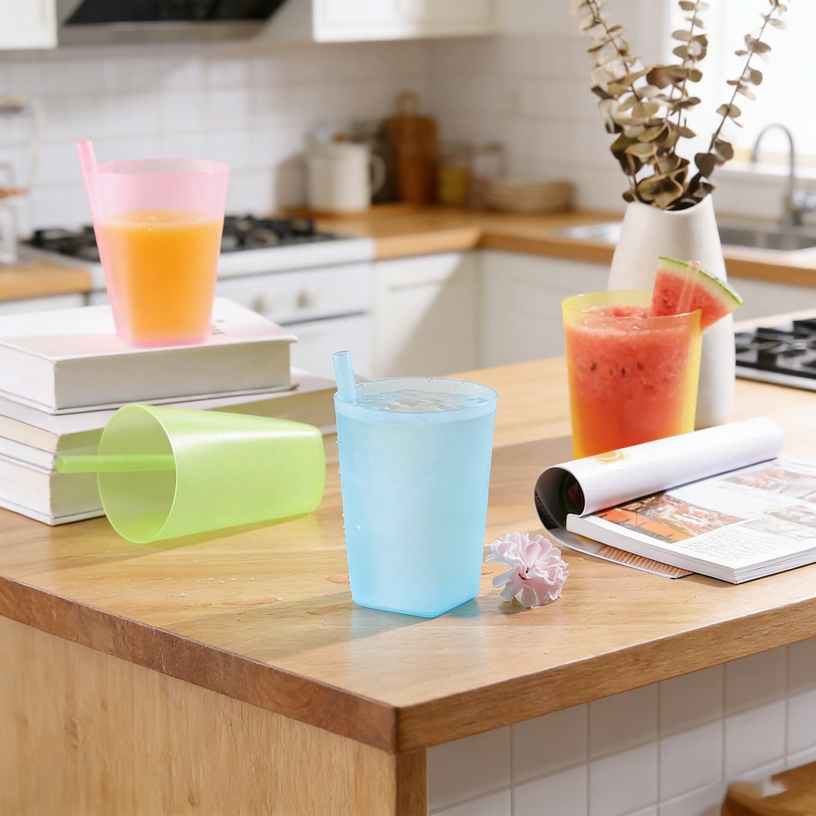 4PCS Integrated Straw Cups - Reusable Easy to Clean Drinking Cups for Home Use