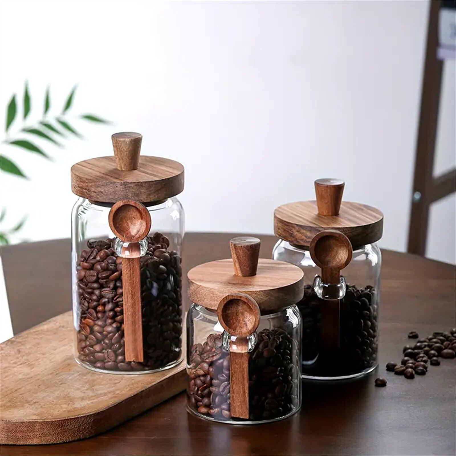 2 Pack Glass Storage Jars with Wooden Lid and Spoon – Airtight Coffee, Spice and Food Containers