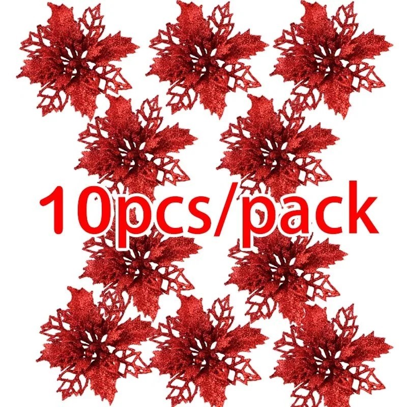 10pcs Christmas Poinsettia Glitter Flowers – Xmas Tree Hanging Decorations