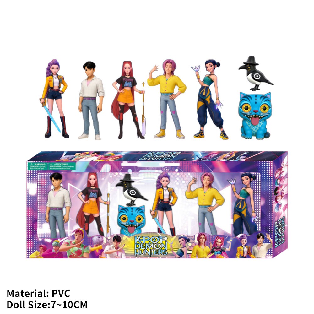 K-pop style figures 7 pack: five idol singers, a blue tiger and a black bird, with box, on a white background