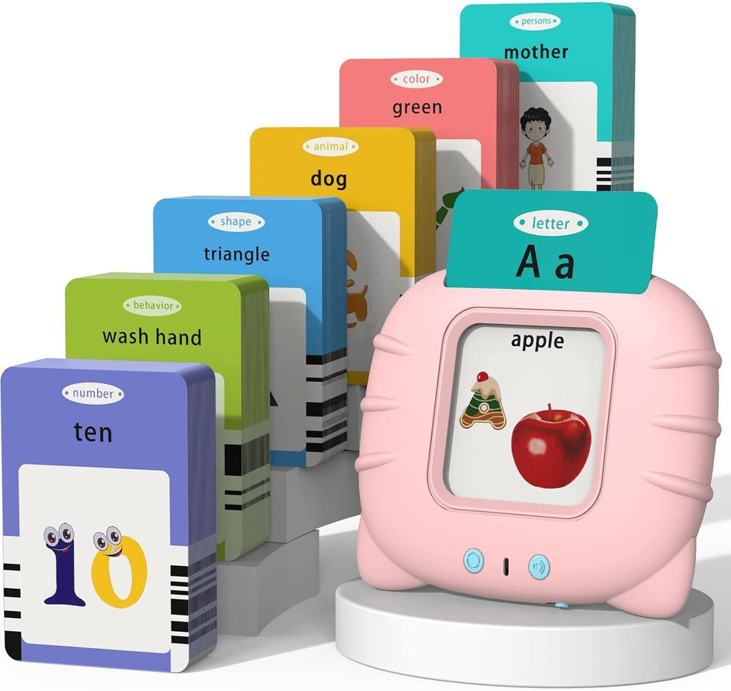 Pink reader with stacks of word cards