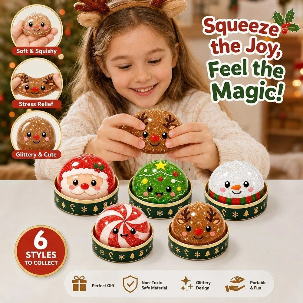 Girl squeezing a reindeer Christmas squishy toy