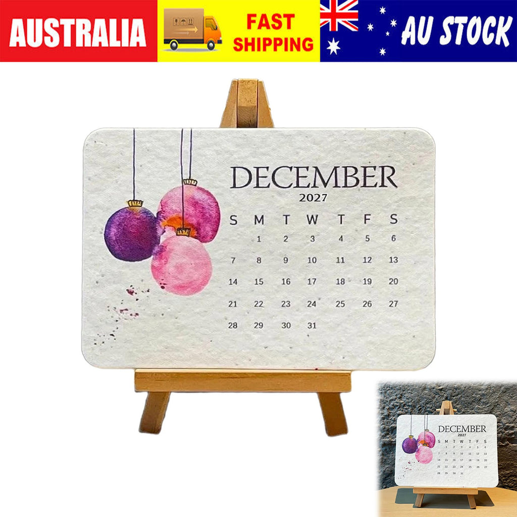 Plantable seed paper 2027 desk calendar December card on easel stand with inset view