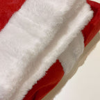 Close-up of the white plush trim on the red Santa costume