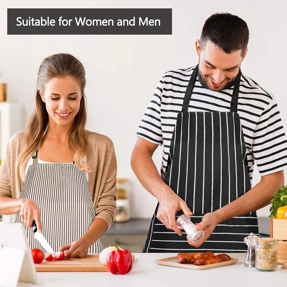3PCS Striped Kitchen Apron with 2 Pockets – Unisex Chef Cooking BBQ Apron Washable