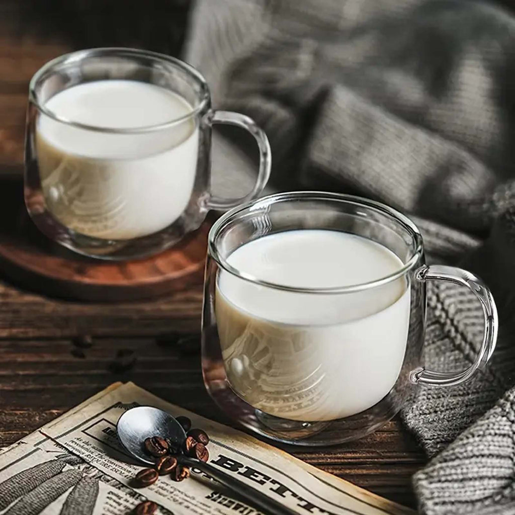4PCS Double Wall Glass Coffee Tea Cups 300ml Heat Resistant with Stainless Steel Spoons