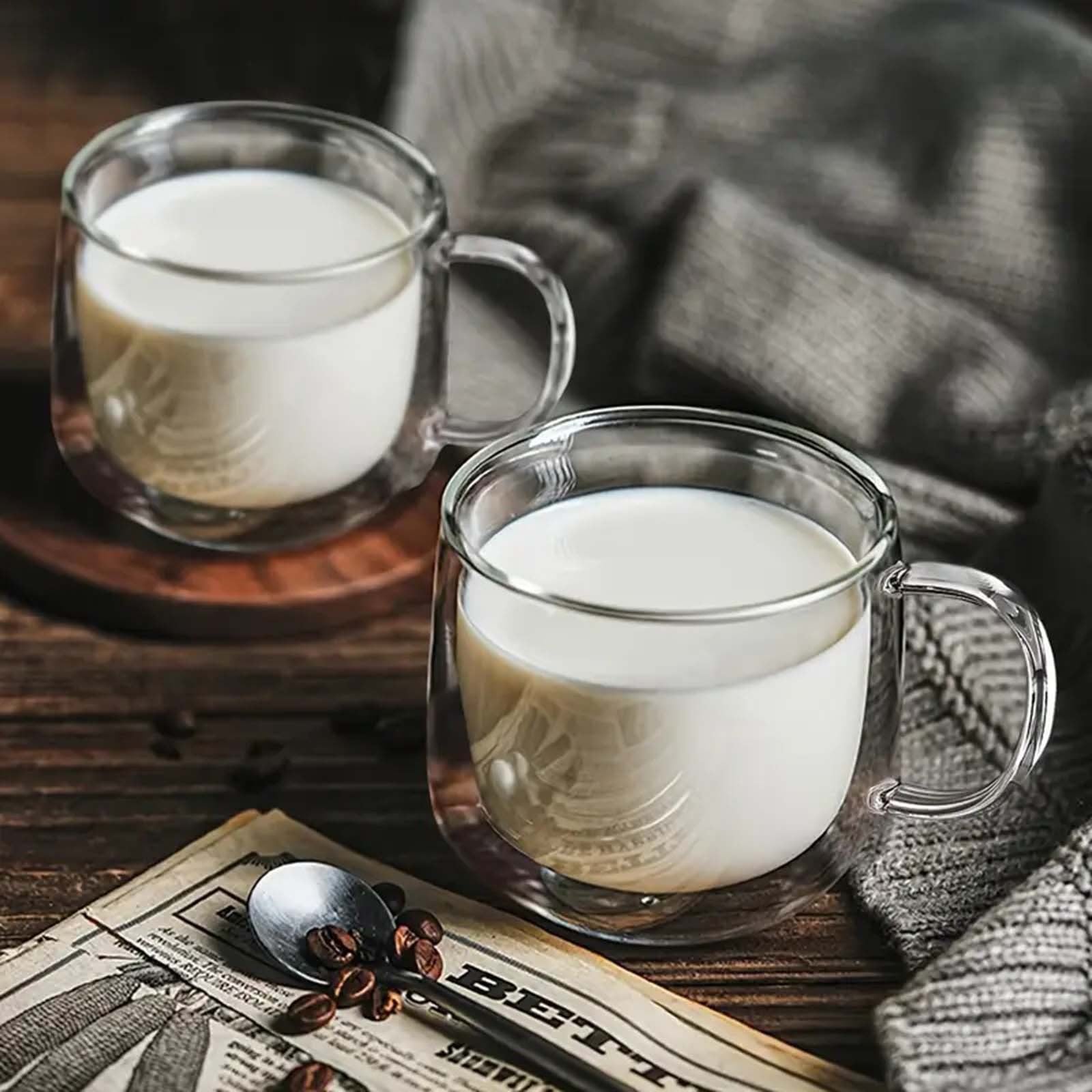 4PCS Double Wall Glass Coffee Tea Cups 300ml Heat Resistant with Stainless Steel Spoons