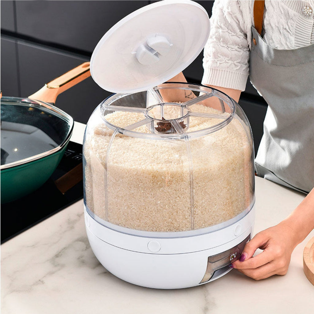 6KG Rotating Rice Storage Container | Multi-Grid Grain & Cereal Dispenser Kitchen Organizer