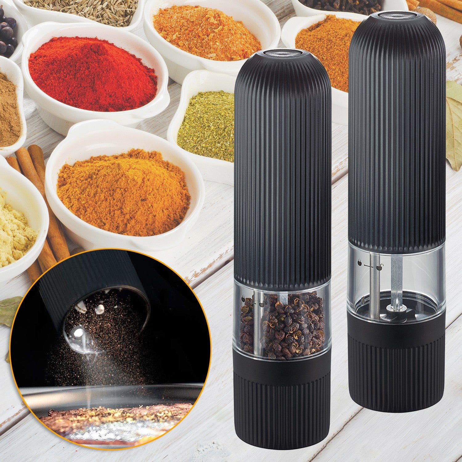 Electric Salt and Pepper Grinder – Battery Powered Spice Mill with Adjustable Coarseness (1 or 2 Pack)